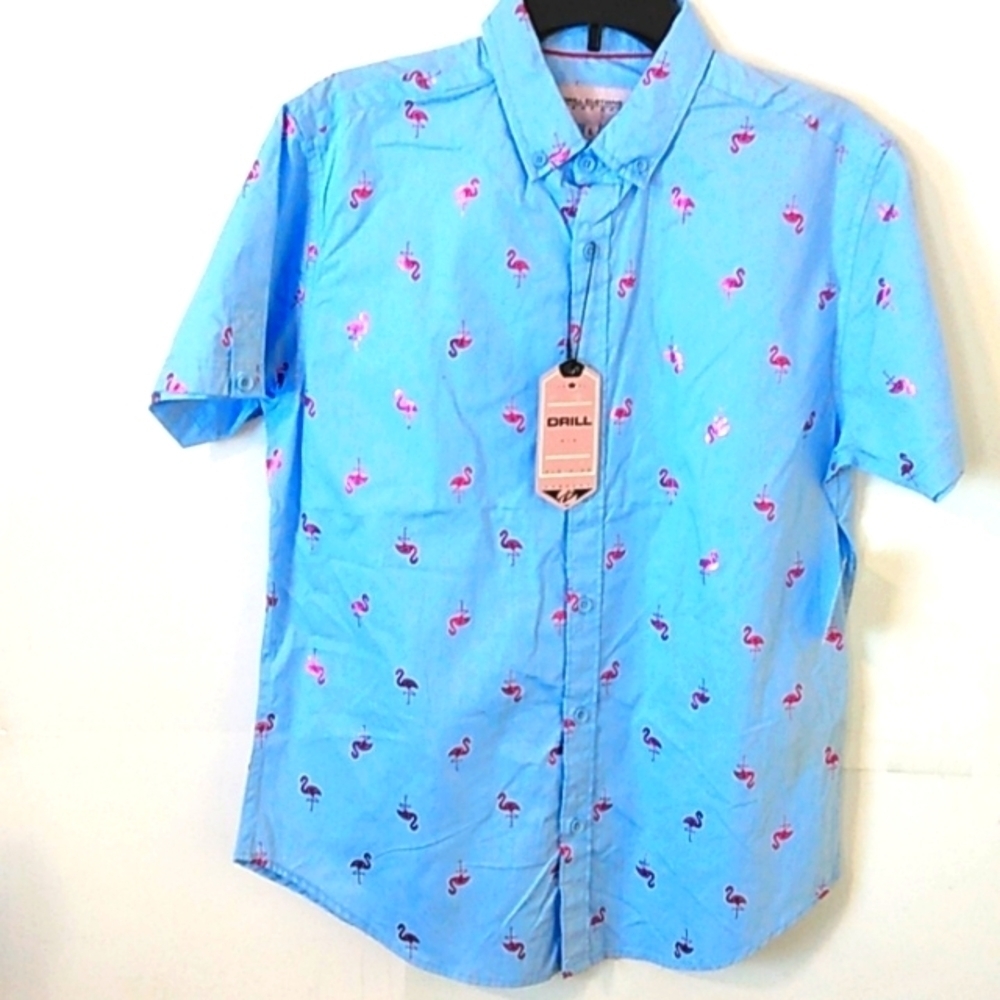 DRILL NYC SHORT SLEEVE PINK FLAMINGO SHIRT SIZE LARGE NWT